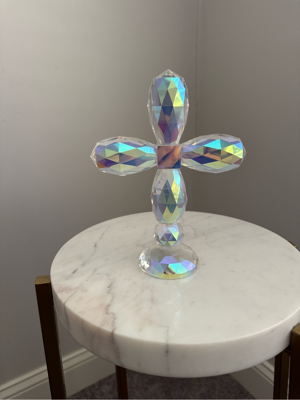 Iridescent Faceted Glass Christian Cross Decorative Figurine